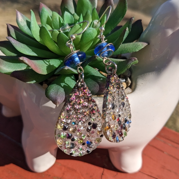 Lightweight Druzy Teardrop Earring Handmade Resin Sparkly Gem Wire Wrapped Blue - Picture 3 of 9